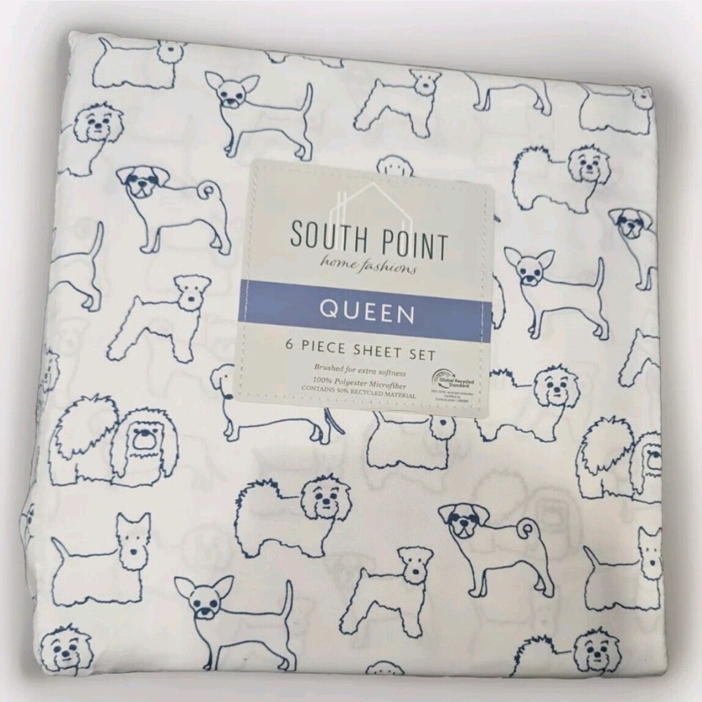 Queen 6-Piece Sheet Set - White with Blue Dog Print